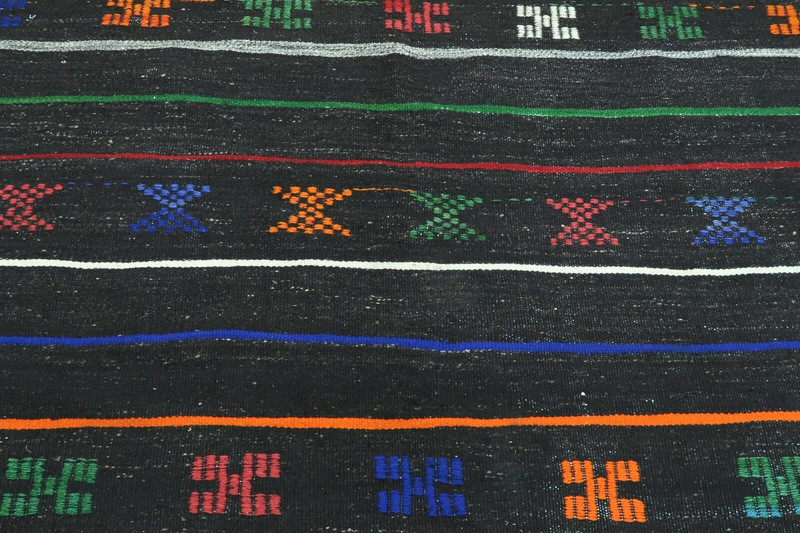 Black Striped Vintage Turkish Kelim, Handwoven Tirbal Large Carpet Rug 79"x111" gallery