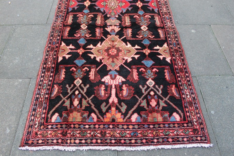Vintage Hand Made Traditional Oriental Wool Black Red Long Rug Runner 288x110cm gallery