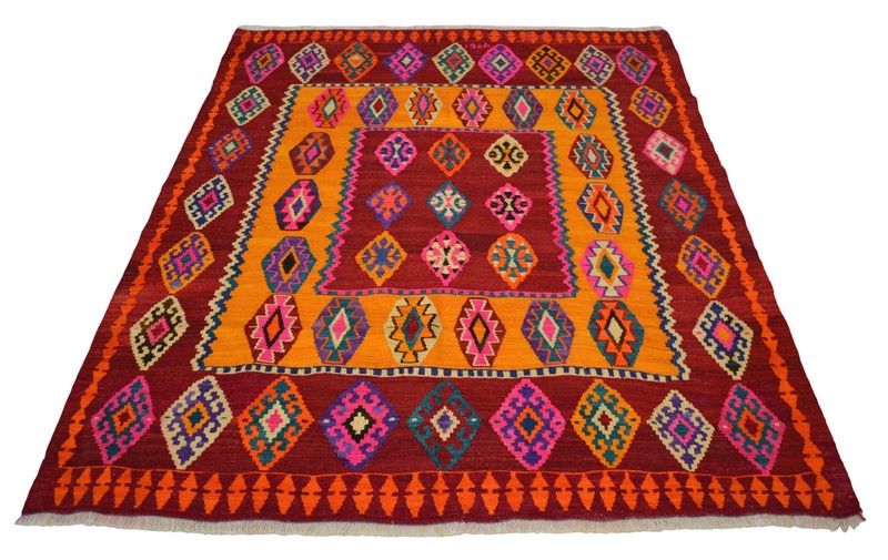Vintage Handwoven Turkish Rug Kilim Flat Weave – Boho Farmhouse Rug 6x7 ft aprox gallery