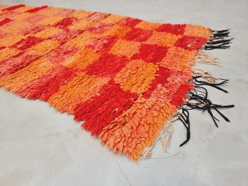 Moroccan Handmade Vintage Rug 2'6x7'9 Berber Checkered Orange & Red Wool Carpet gallery