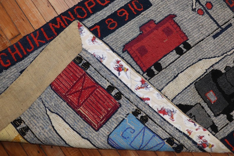 Vintage American Hook Hooked Pictorial Dated Train Rug Size 2'10''x4'4'' gallery