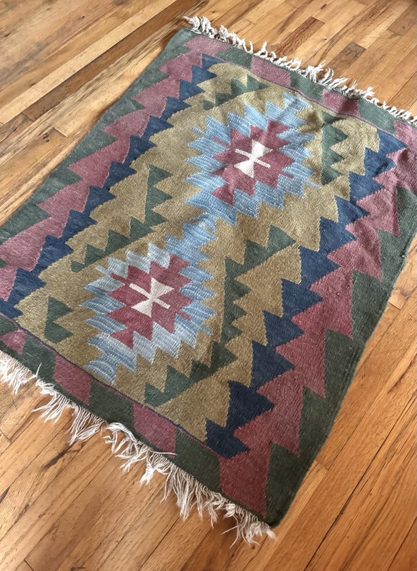 Vtg Wool Kilim Rug Southwest Geometric Handwoven 3 Ft By 4 Ft Boho Mauve Muted gallery