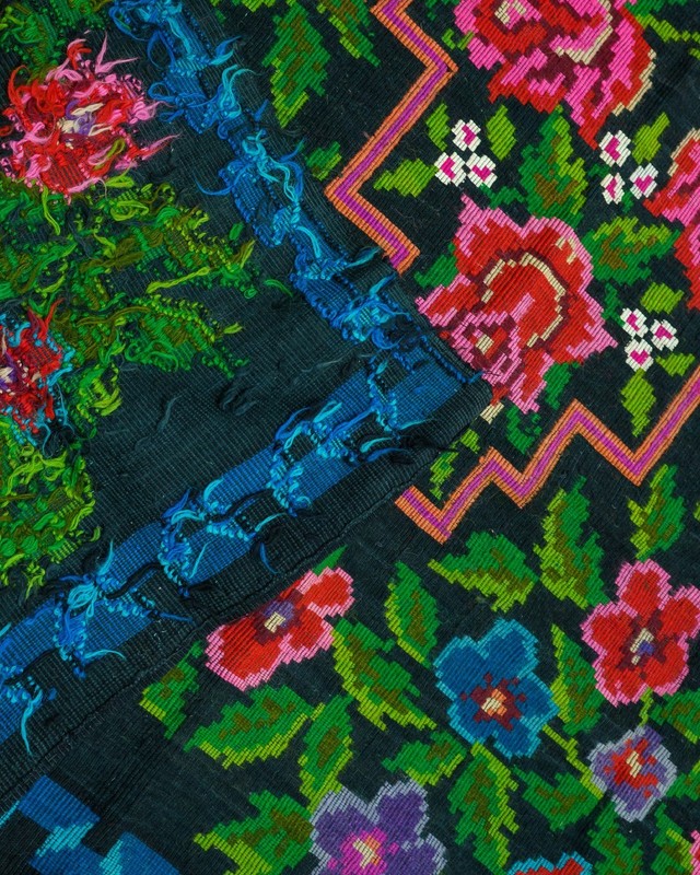 Romanian Bessarabian Kilim Rug Handwoven 100% Wool Black Floral Pink Roses 1960s gallery