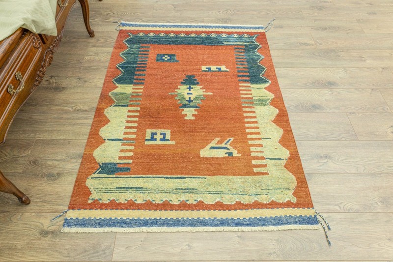 Living Room Rug 4x5 ft Turkish Oushak – Terracotta Teal Geometric Flatweave gallery