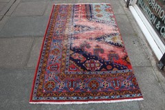 Vintage Worn Fragment Hand Made Traditional Oriental Wool Red Blue Rug 201x110cm
