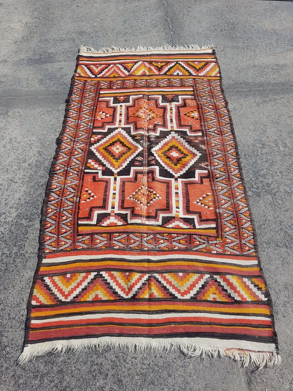 Vintage Traditional Handmade Turkish Wool Multi Kilim Rug 7.3x3.6 ft gallery