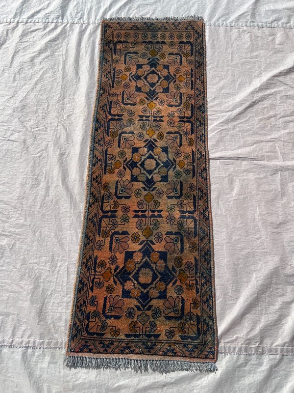 Faded Hand Knotted Afghan Runner Rug 2x5 ft Geometric Turkmen Terracotta Carpet gallery