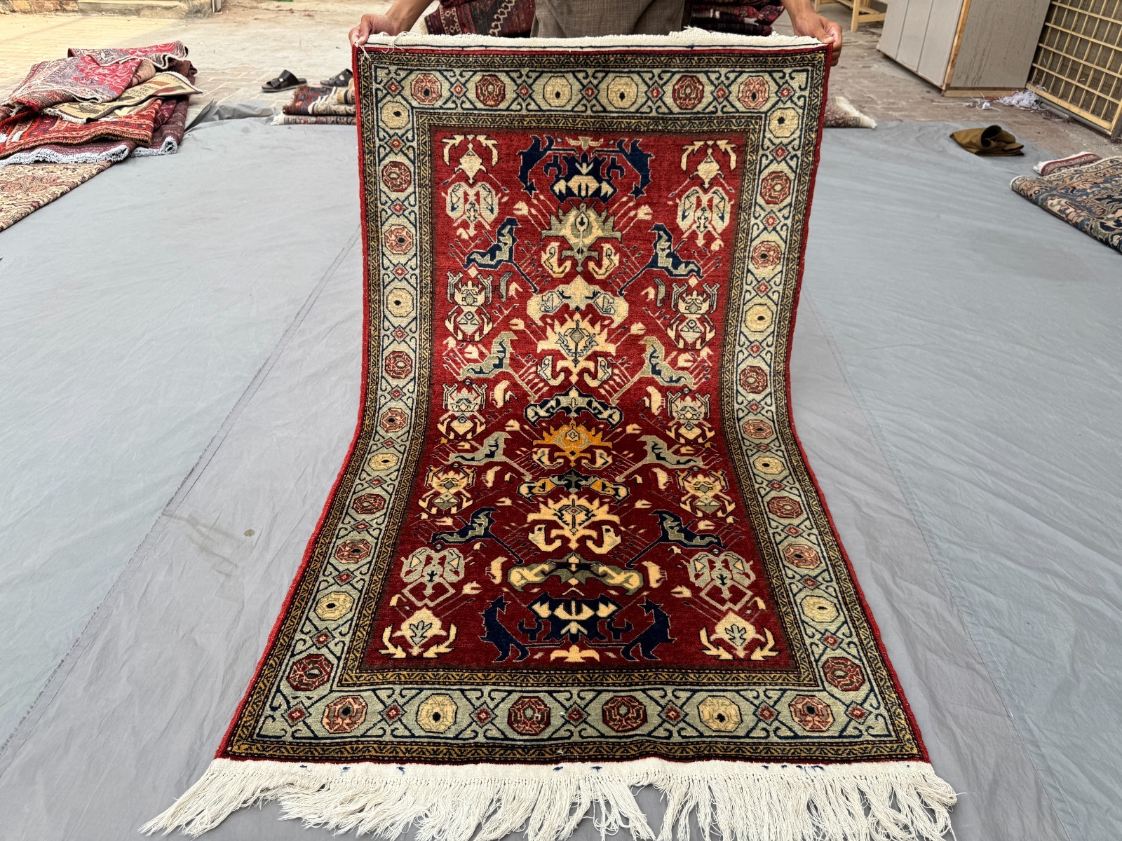 Vintage 3'3x5'6 Ft Caucasian Kazak Rug Red Ivory Tribal Geometric Soft Wool Rug gallery