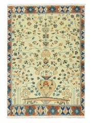 Handmade Turkish Oushak Rug – Vintage Wool Carpet Beige Rust Blue 4’4”x6’3”