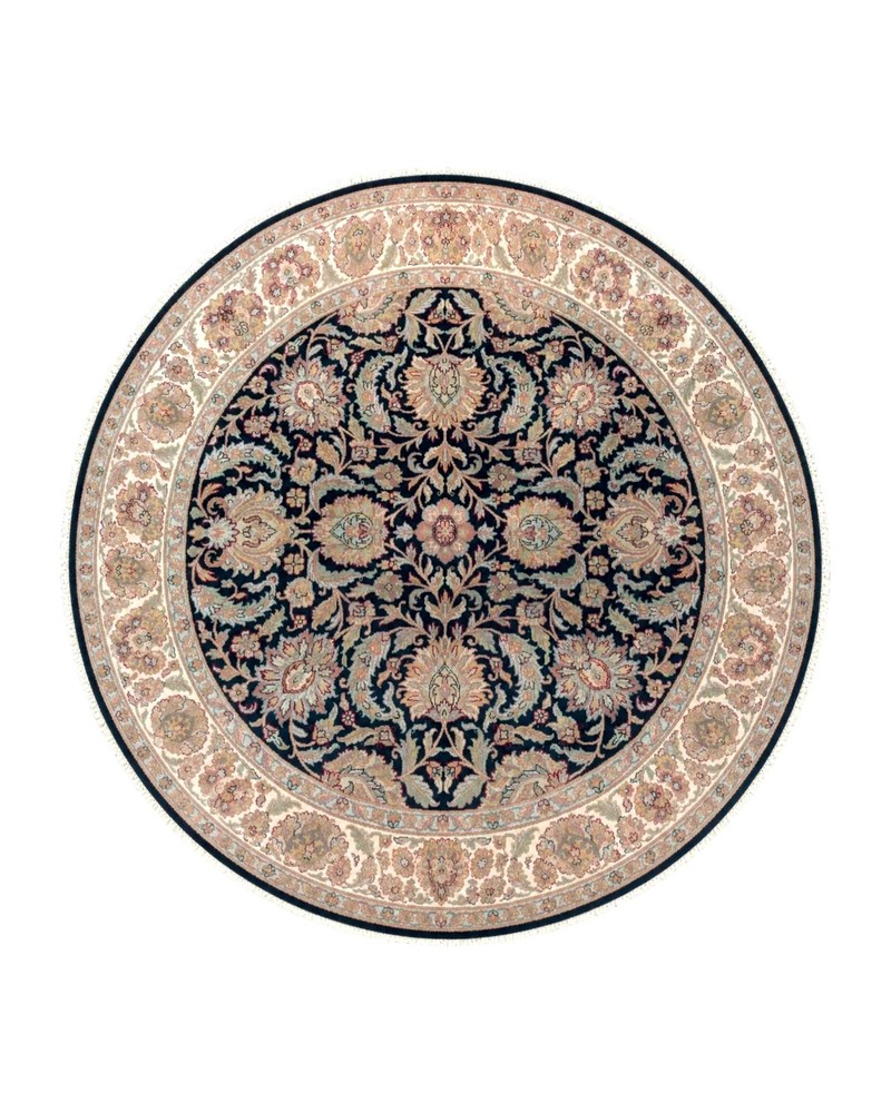 Round Indo Per'sian Mahal Rug 8x8, Black & Cream, Wool, Hand Knotted