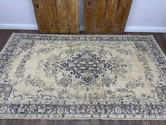 6×9 Beige Navy Blue Turkish Vintage Area Rug, Hand-Knotted Wool Living Room Rug
