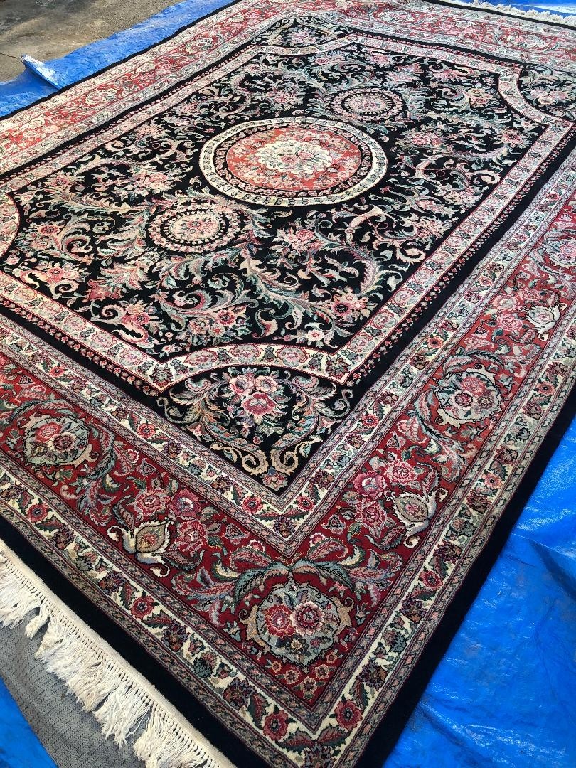 ANTIQUE ORIENTAL RUG HAND-KNOTTED 100% SILK and WOOL , BLACK 9 x 12 gallery