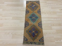 Antique Turkish Rug 1.0×3.0 ft Vintage Mustard Blue Small Carpet Tribal Boho Mat