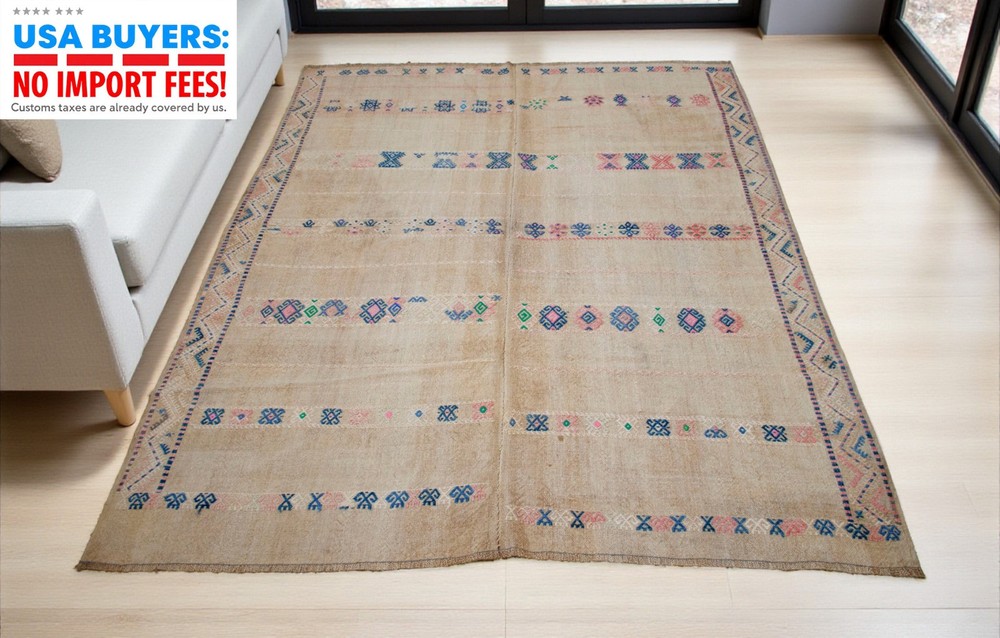 Vintage Turkish Rug Kilim Hand Woven Natural Wool Area Rug Sofreh! 6x7 ft Approx