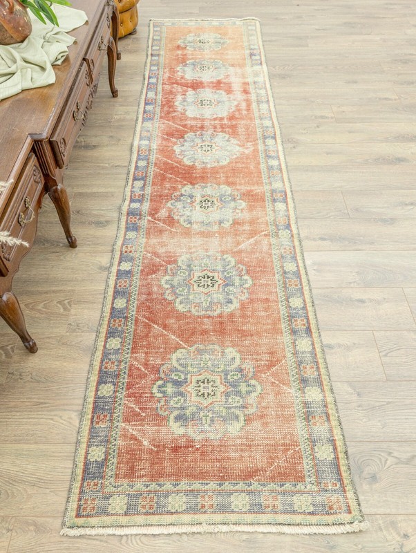 Rustic Turkish Oushak Runner – 2.7x11.7 ft – Distressed Pastel Red & Blue Rug gallery