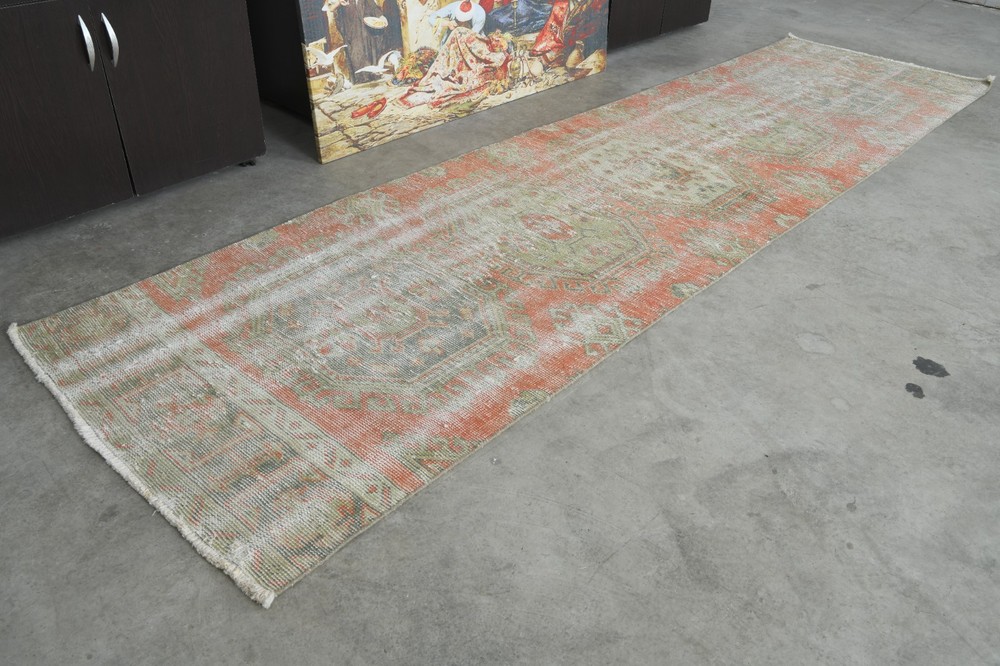 3x11 ft, turkish rug runner, hand-knotted vintage runner, oushak runner rug, 215