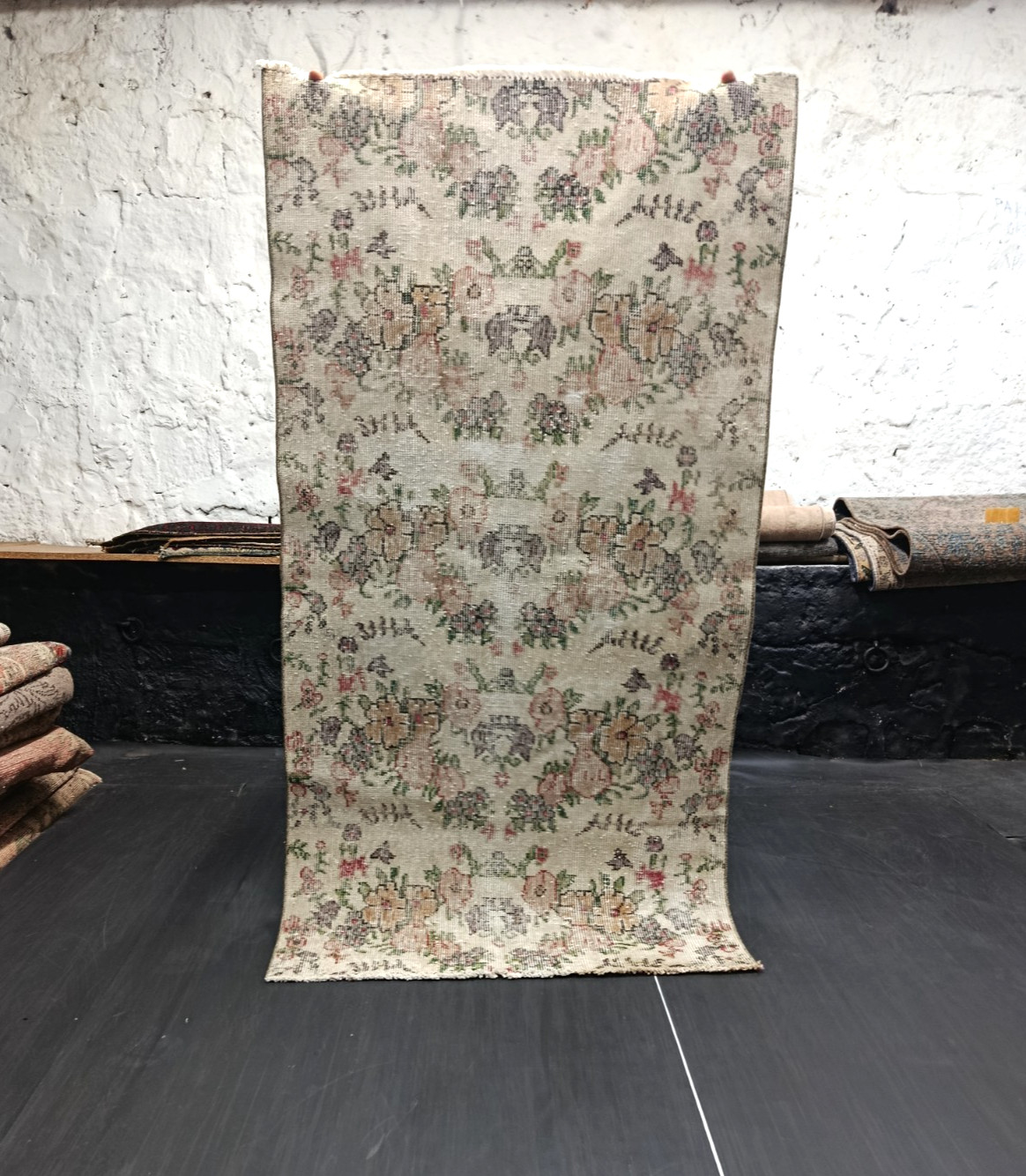 Beige Turkish Vintage Floral Carpet, 3x5.8ft, Antique Handmade Oriental Rug, gallery