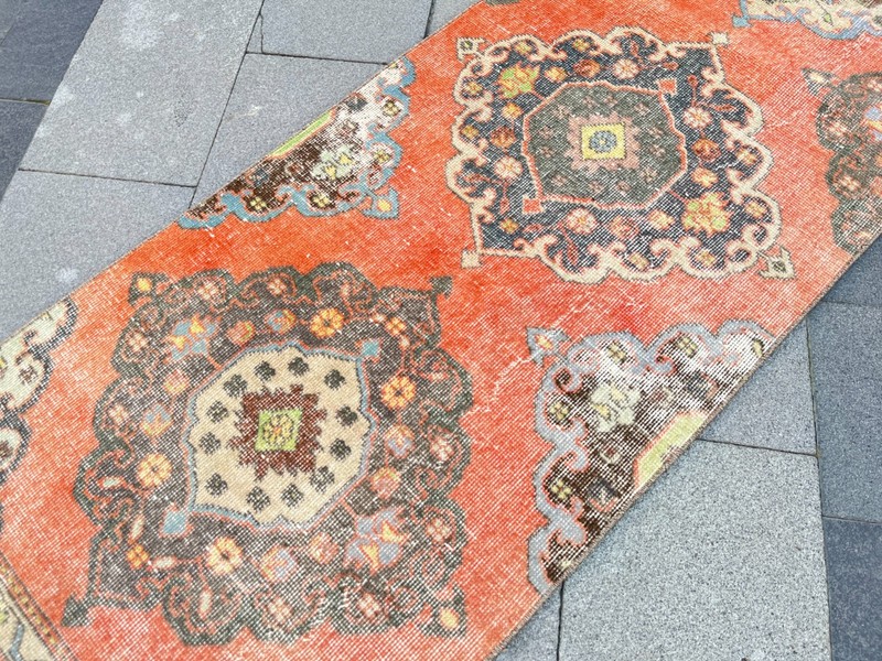 Vintage Turkish Oushak Runner Rug 2.4x12.4 Ft Coral Medallion Wool gallery