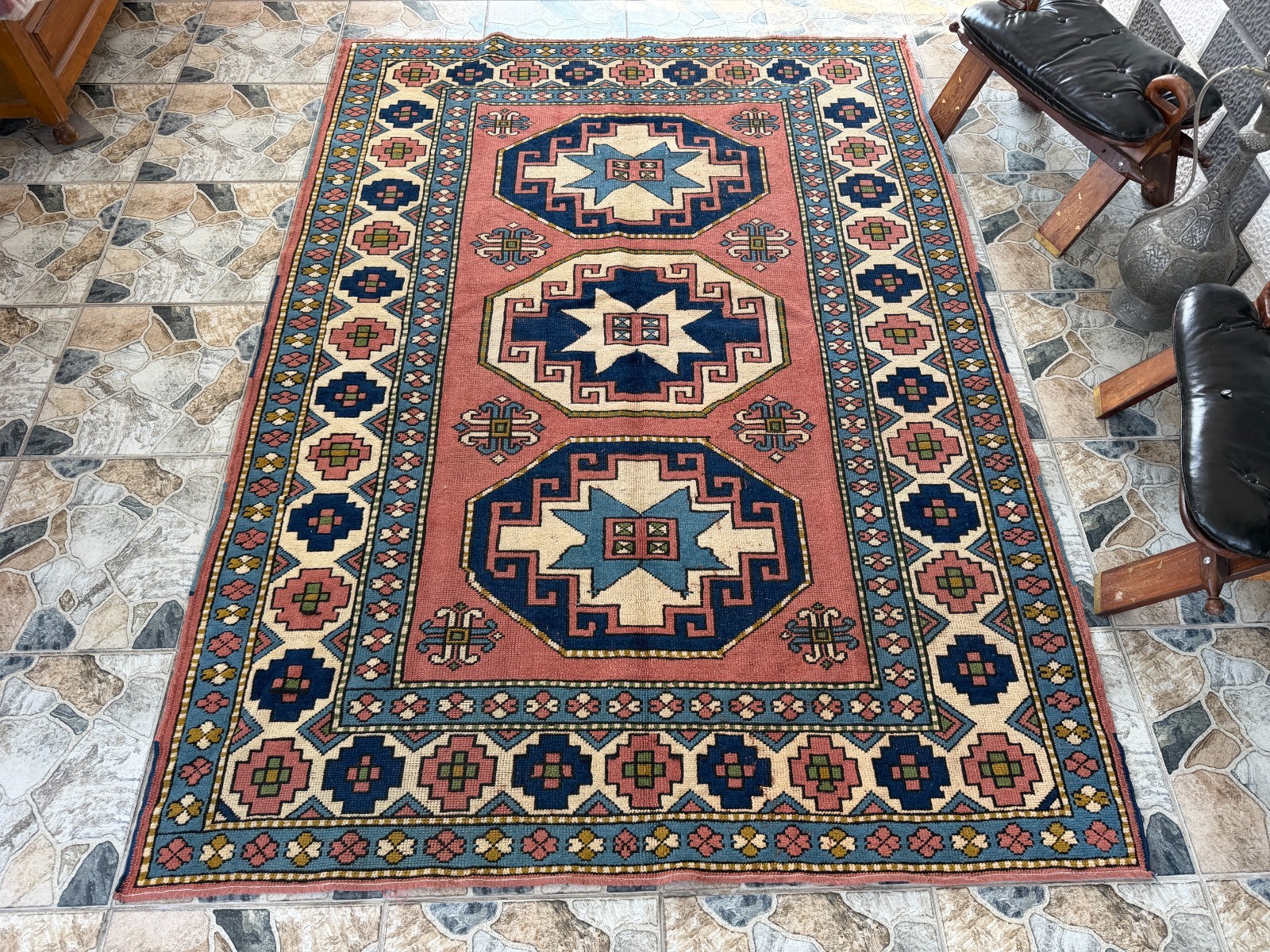 Vintage Oushak Tribal Rug Handmade Kurdish Anatolian Wool Geometric Area Rug 5x8 gallery