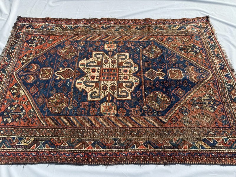 1920s Terracotta Muted Caucasian Red Rug 4x5 Blue Geometric Faded Persian Carpet gallery