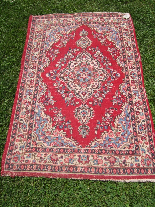Antique Oriental Wool Hand Woven Rug~Red/Sky/Pink/Navy/Turquoise Green ~5'+x3'+ gallery
