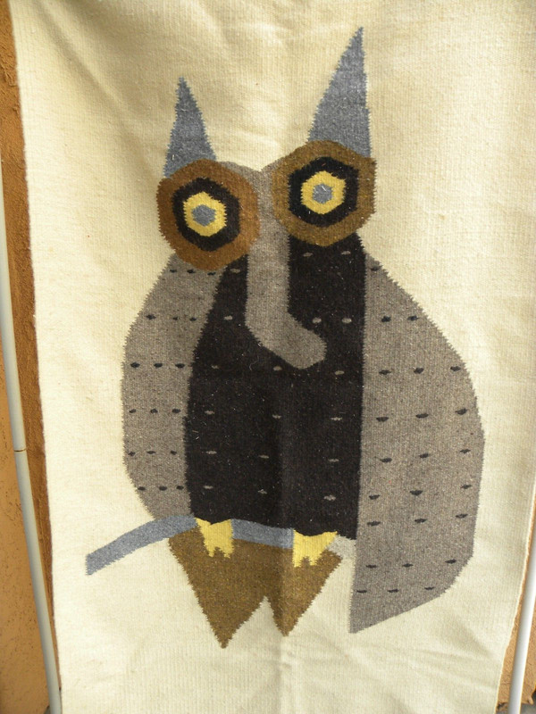 A Handwoven Wool Hanging/ Accent Rug Decorated W/ A Modernistic Owl Image gallery
