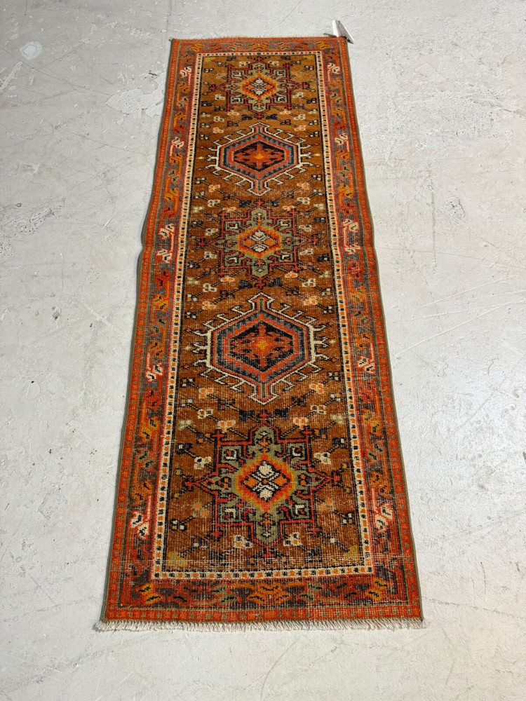 Oriental Hand-Knotted Wool Runner Turkish Oushak Copper/Ivory/Blue 2'2" x 6'1"