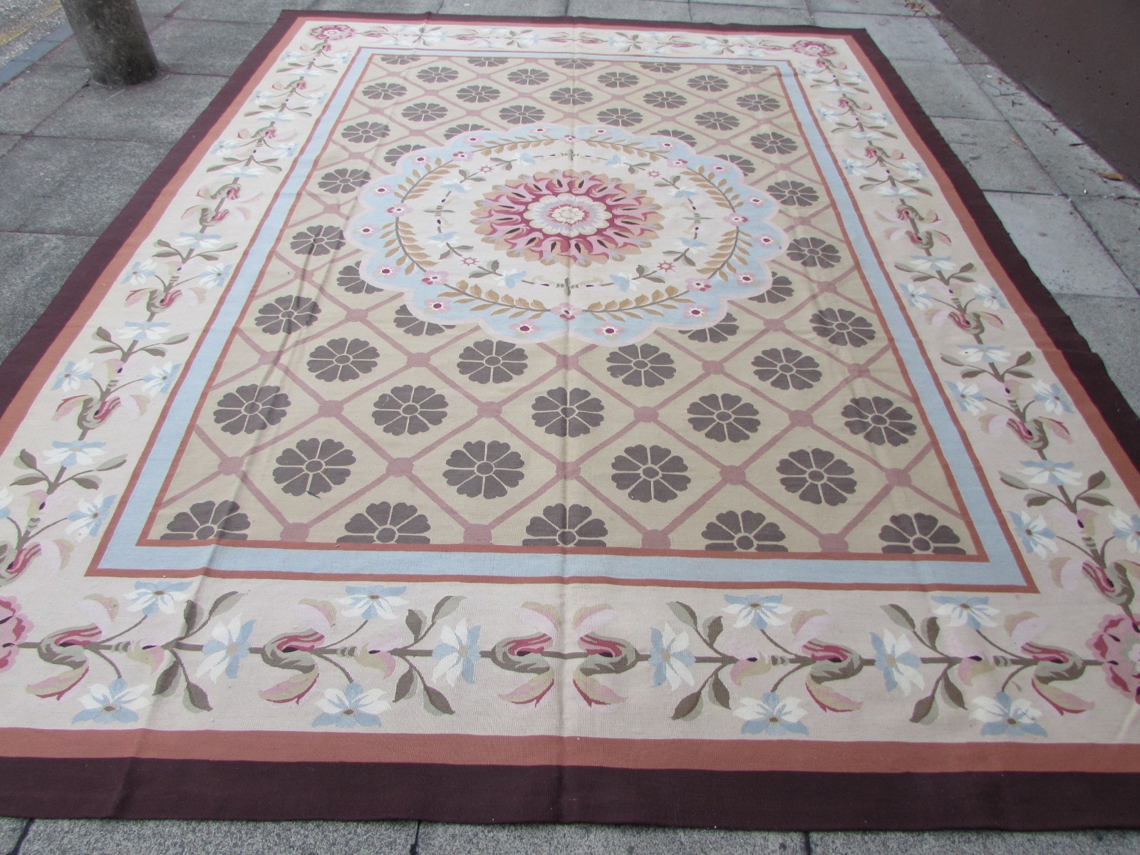 Vintage Hand Made French Design Wool Beige Green Original Aubusson 363X277cm gallery
