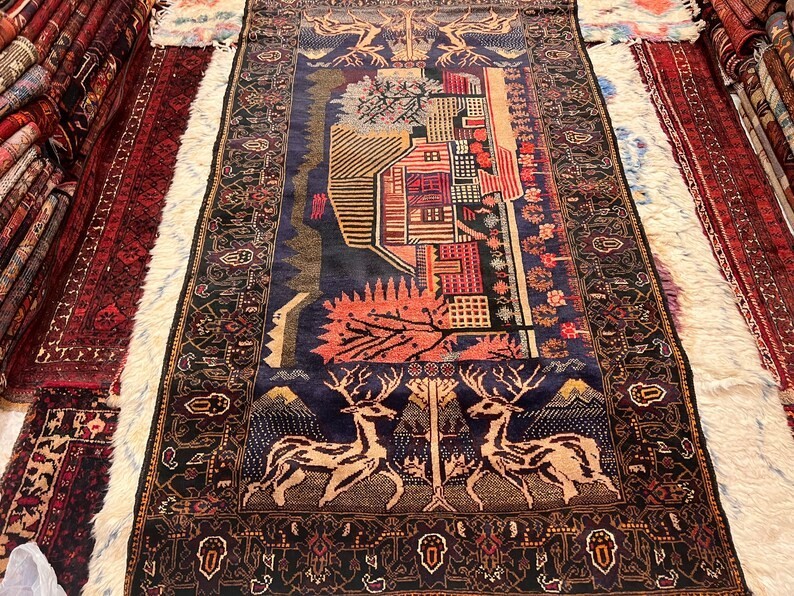220 X 120 COLLECTORS' ITEM Vintage Stunning Pictorial Shikargah Deer Hunting Rug