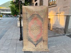 Vintage Turkish Oushak Rug 3.5×6.7 ft Faded Pink Anatolian Wool Decor Rug