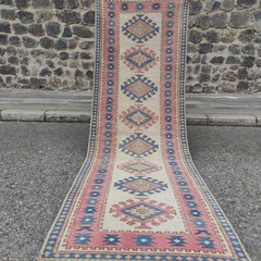 3×9 Turkish Nomadic motif kitchen rug 2.76 x 8.6 ft Vintage Handmade 84 x 262 cm