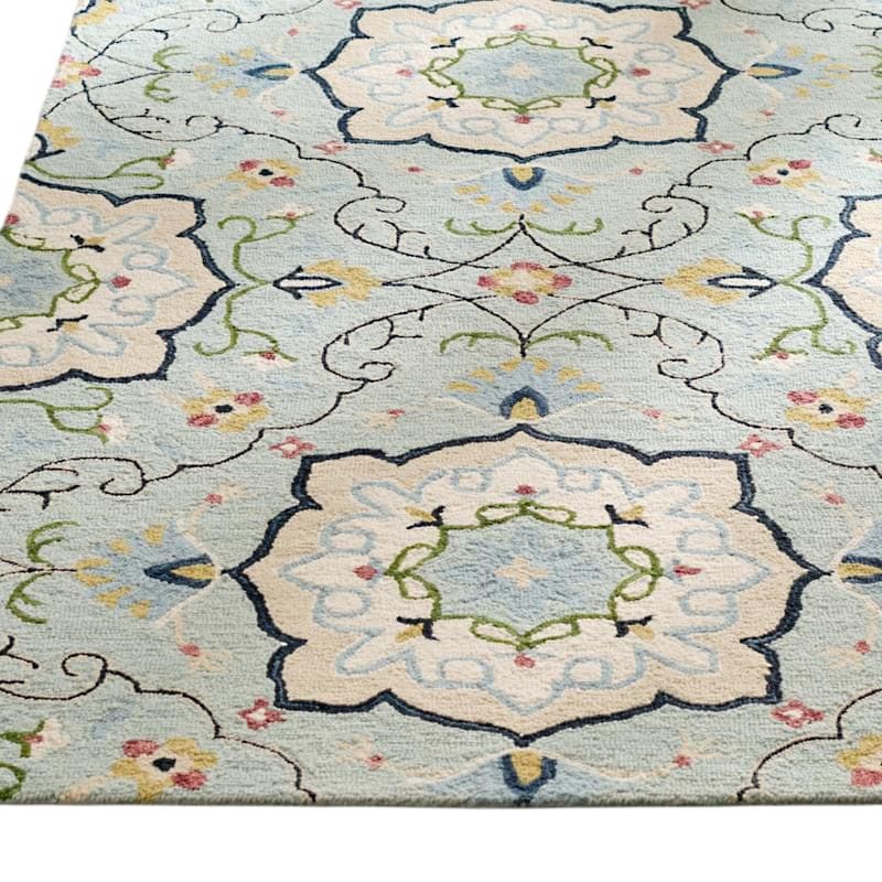 Mint green rug hand tufted Loop weave wool rug oriental style rug bold motif rug