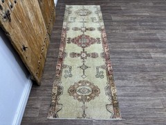 2×8 Faded Green & Red Vintage Turkish Runner Rug, Hand-Knotted Wool Runner