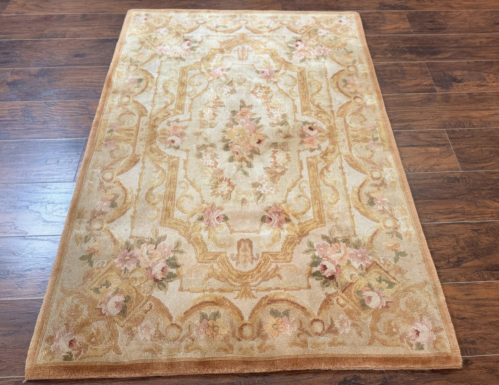 Chinese Aubusson Rug 3.6 x 5 Beige Gold Handmade Vintage Elegant Wool Carpet gallery