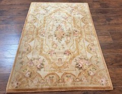 Chinese Aubusson Rug 3.6 x 5 Beige Gold Handmade Vintage Elegant Wool Carpet