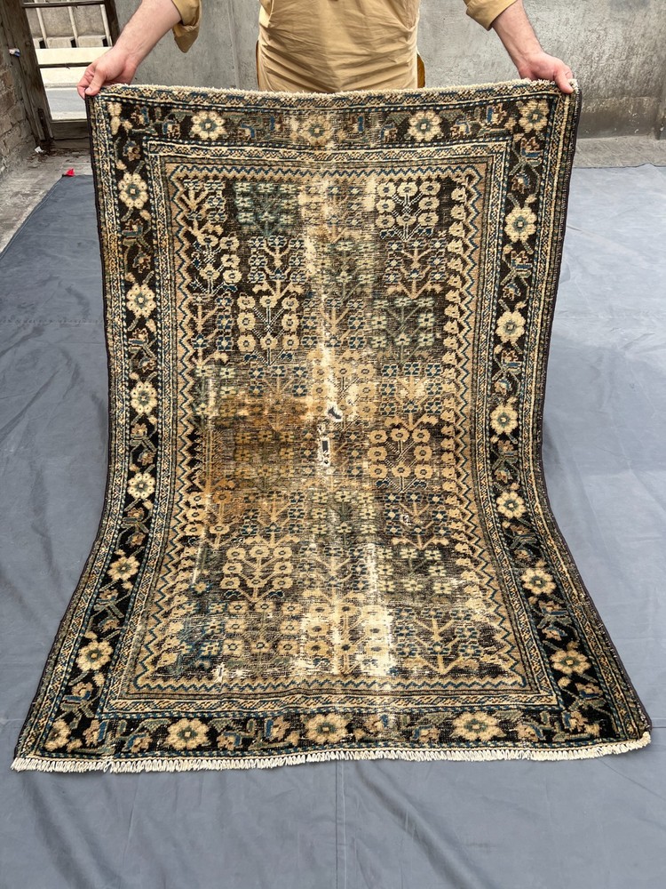 Blue Black Distressed Low Pile Rug 4x5 ft Hand Knotted Floral Vintage Carpet