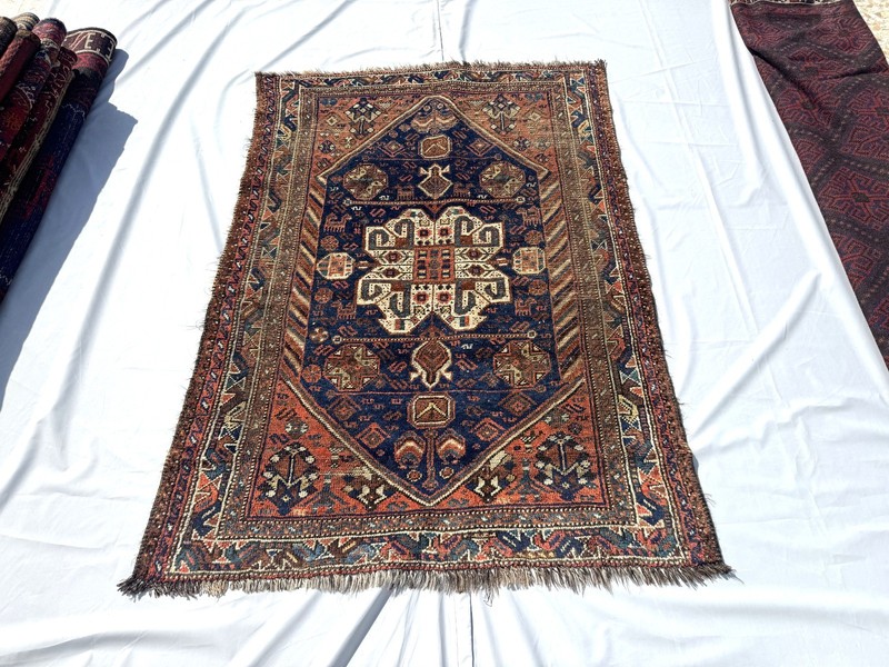 1920s Terracotta Muted Caucasian Red Rug 4x5 Blue Geometric Faded Persian Carpet gallery