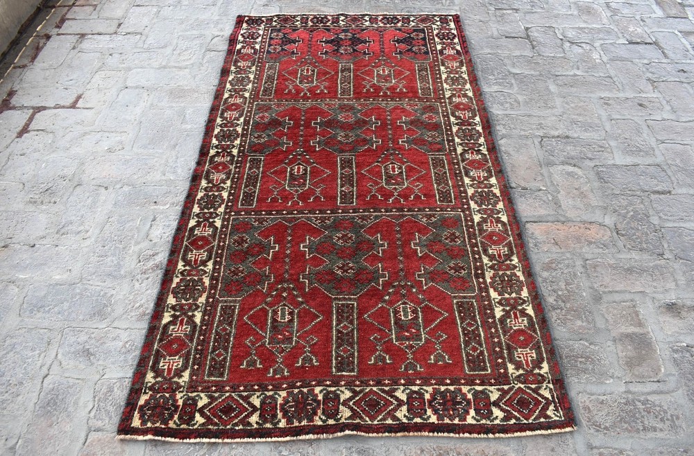 Red Antique Hand Knotted Rug 4x6 Fine Afghan Vintage Rug Oriental Turkmen Carpet