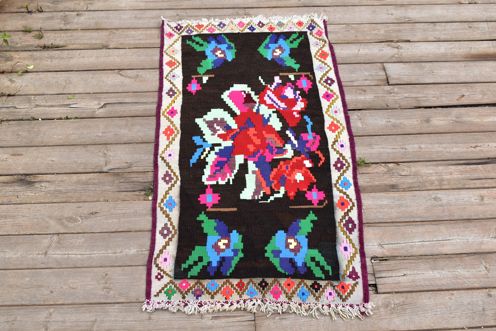 Turkish Kilim Rug 21''x38'' Handwoven Karabag Kilim 55x98cm Vintage Rose Design gallery