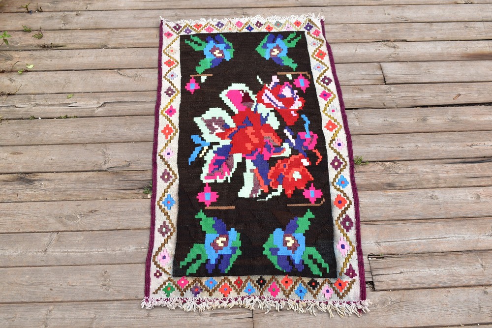 Turkish Kilim Rug 21''x38'' Handwoven Karabag Kilim 55x98cm Vintage Rose Design