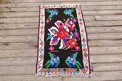 Turkish Kilim Rug 21”x38” Handwoven Karabag Kilim 55x98cm Vintage Rose Design