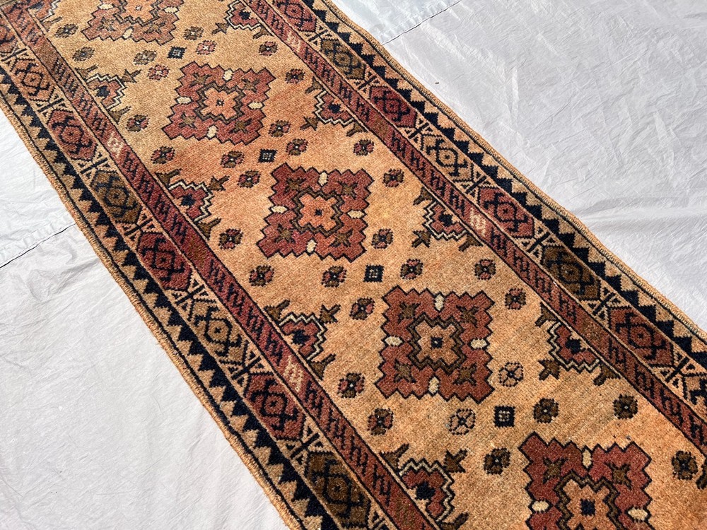 Beige Terracotta Afghan Runner Rug 2x5 ft Hand Knotted Geometric Turkmen Carpet