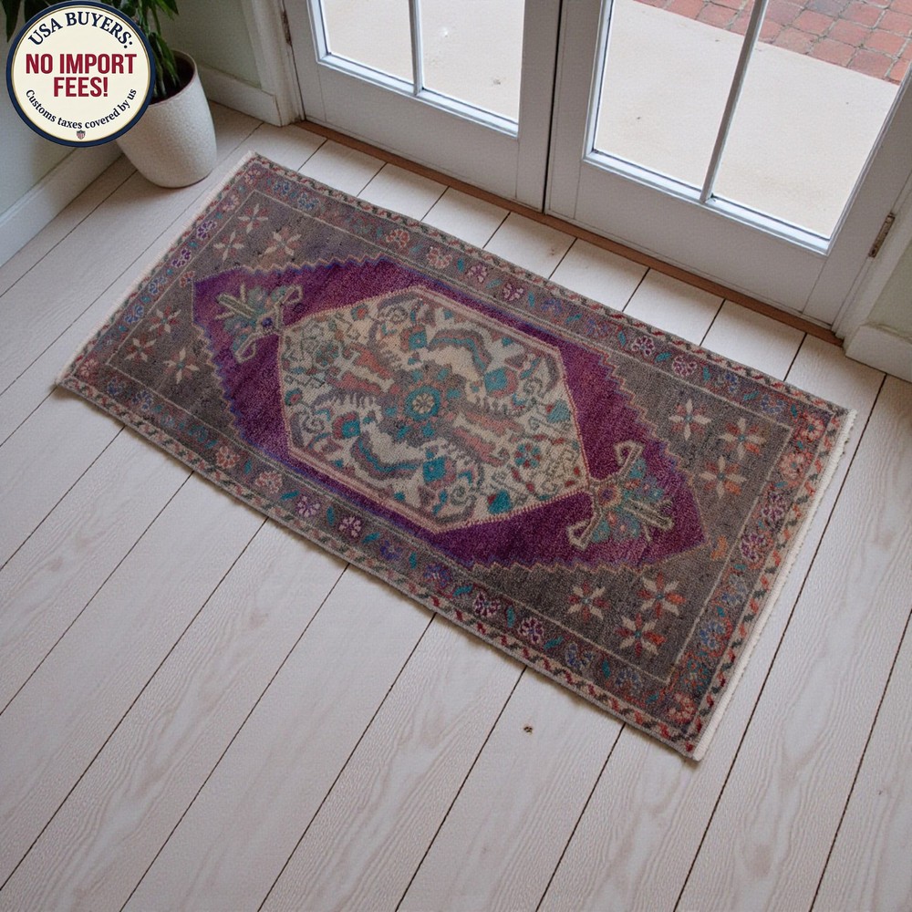 Vintage Oushak Small Rug 1'6"x3'1" Purple Accent Door Mat Hand-Knotted Wool