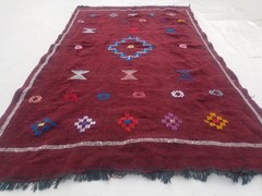 Vintage Traditional Handmade Moroccan Wool Maroon Kilim Rug 6.5×3.8ft