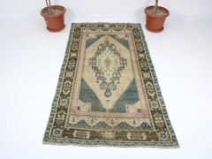 3.6×7.1 ft Vintage Turkish Handmade Wool Rug – Beige Blue Oriental Carpet – Boho