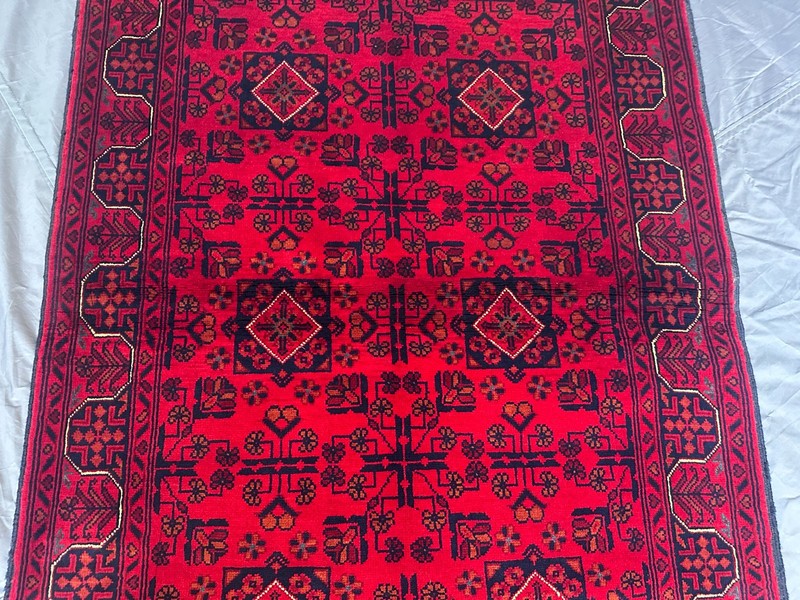 Hand Knotted Afghan Turkmen Rug Khal Mohammadi Red Geometric Moss Rug 3'7x5'2 gallery