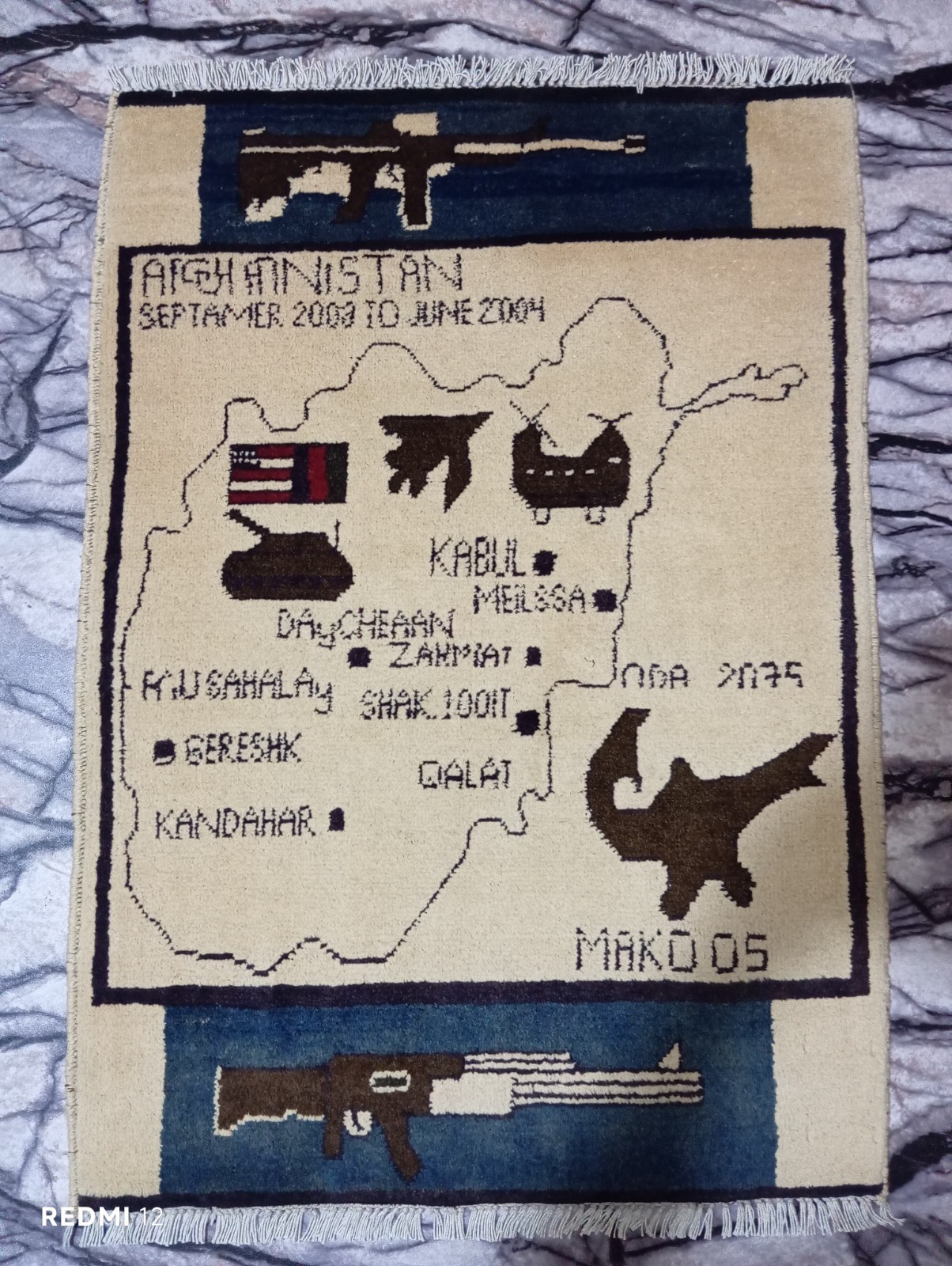 Handmade Afghan War Rug 2x3 ft - Map, US Flag Tank Motif, Dates 2003 to 2004 gallery