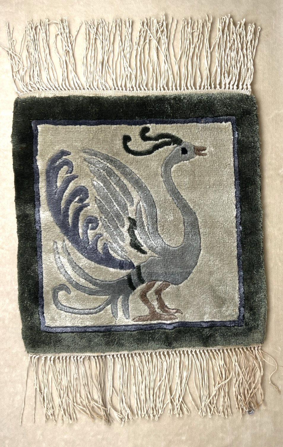 Vintage Jiangsu Chinese Hand Made Silk Rug Bird Pictorial Wall Hanging 12 x 13 gallery