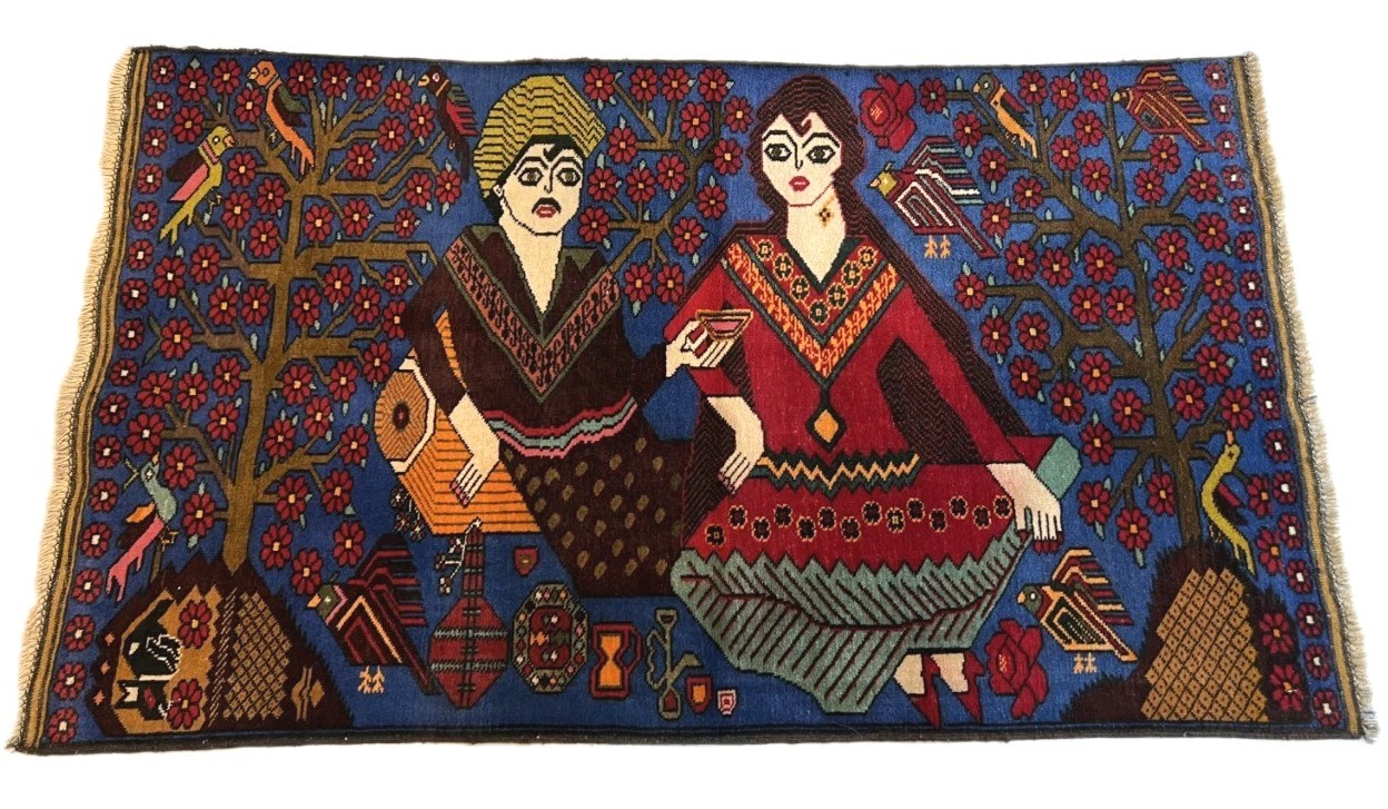Hand-Knotted Pictorial Persian Rug Folk Art Wall Hanging Vintage Style Couple gallery