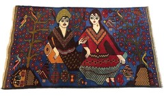 Hand-Knotted Pictorial Persian Rug Folk Art Wall Hanging Vintage Style Couple